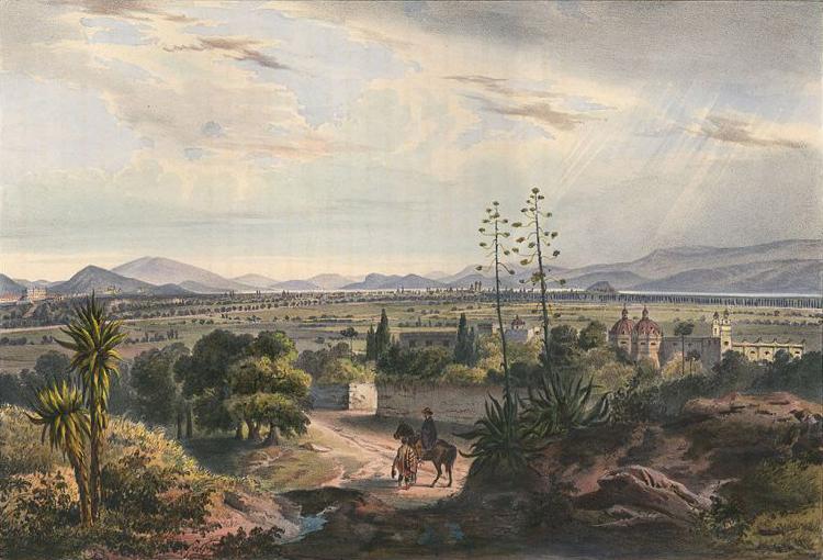 unknow artist Mexico, visto desde el Arsobisbado de Tacubaya. Mexico City seen from Tacubaya. Hand-colored lithograph highlighted with gum arabic oil painting image